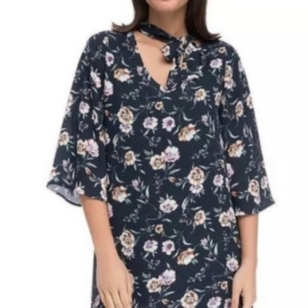 Bobeau Navy Floral Necktie Dress